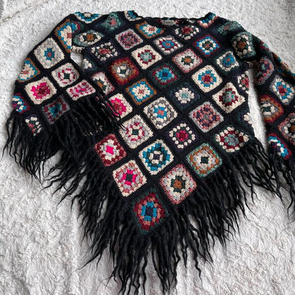 Sue Wong knit studio granny square crochet sweater fringe vintage Y2K wool L - Picture 9 of 14